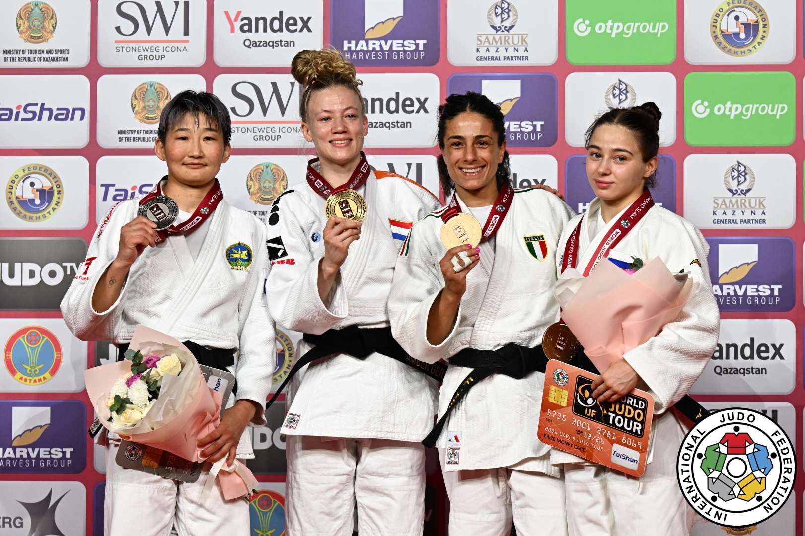 -48kg Medalists. From left, GANBAATAR, Narantsetseg, GERSJES, Amber, MILANI, Francesca, DUDINA, Kristina.