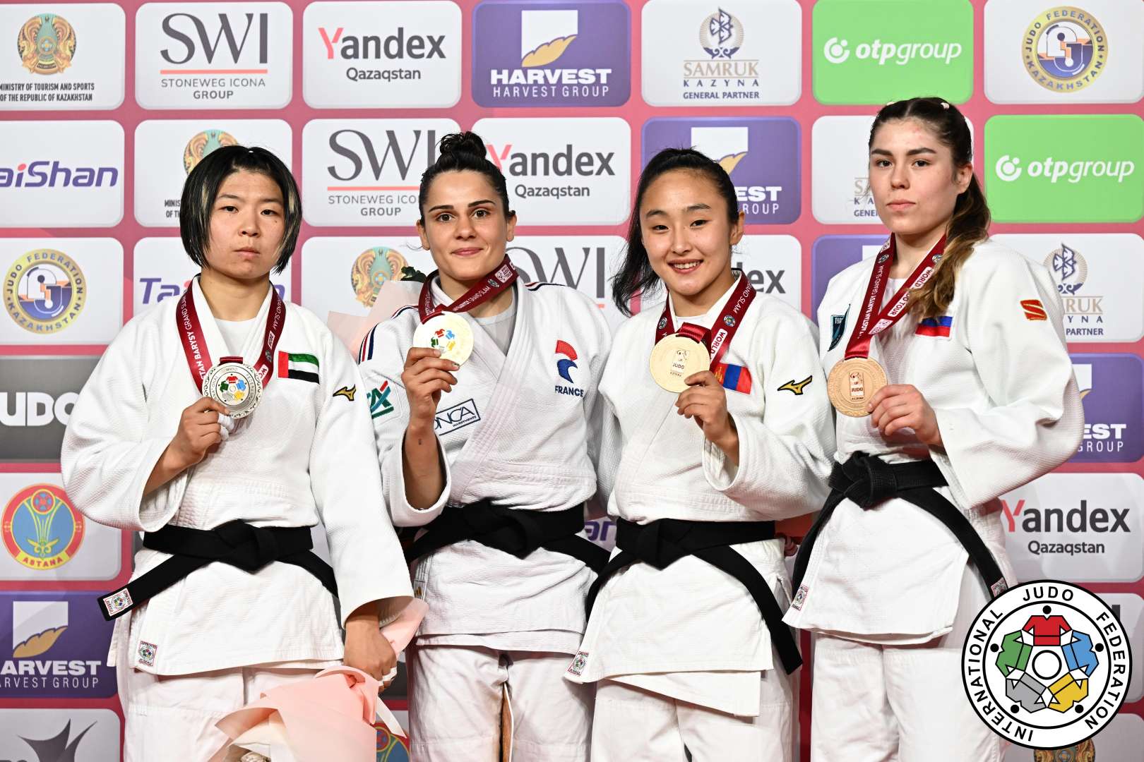 -52kg Medalists. From left, BISHRELT, Khorloodoi, PONT, Blandine, MYAGMARSUREN, Nandin-Erdene, NUGAEVA, Liliia.
