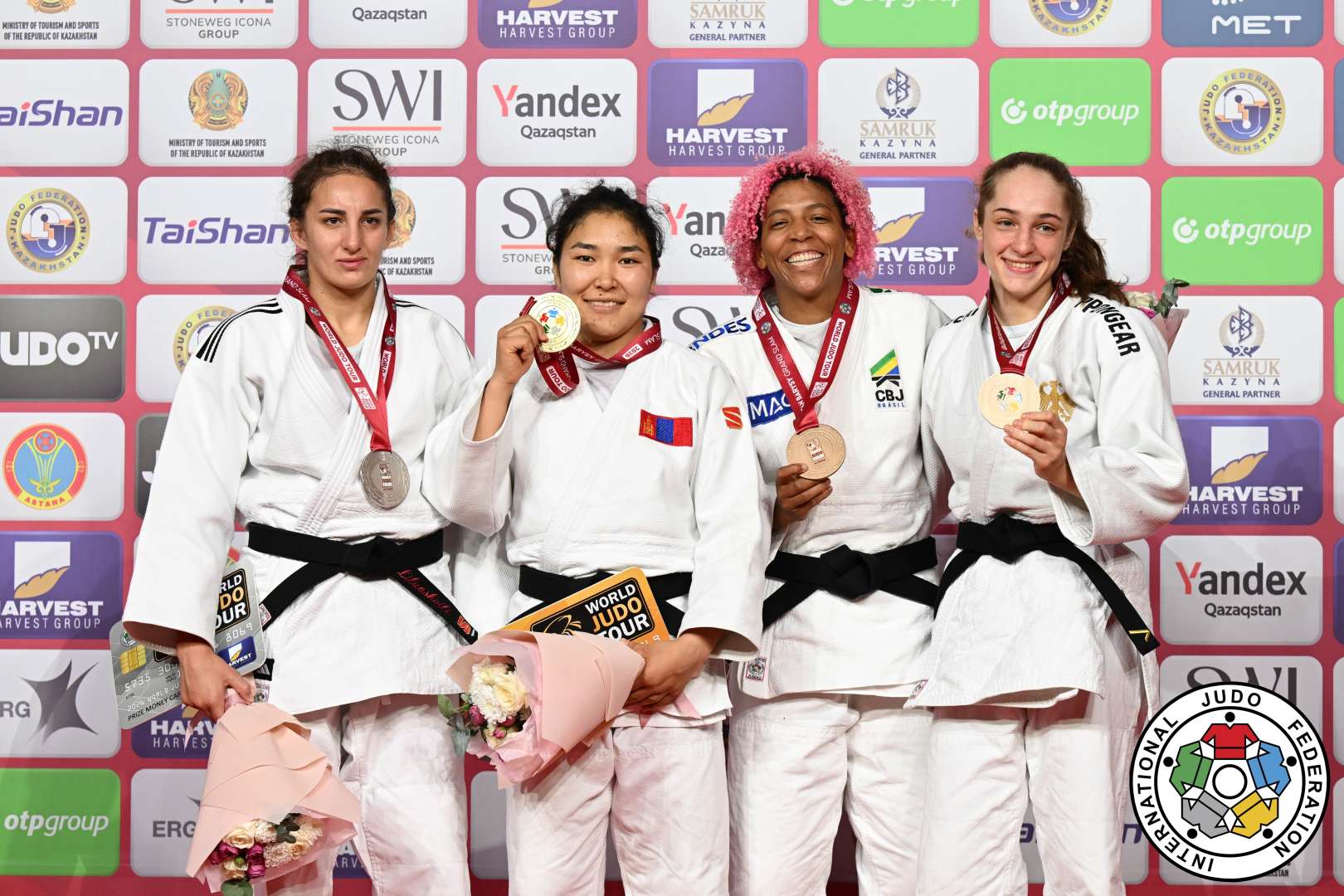 -63kg Medalists. From left, LILUASHVILI, Dali, LKHAGVATOGOO, Enkhriilen, SILVA, Rafaela, BAUER, Sara-Joy.