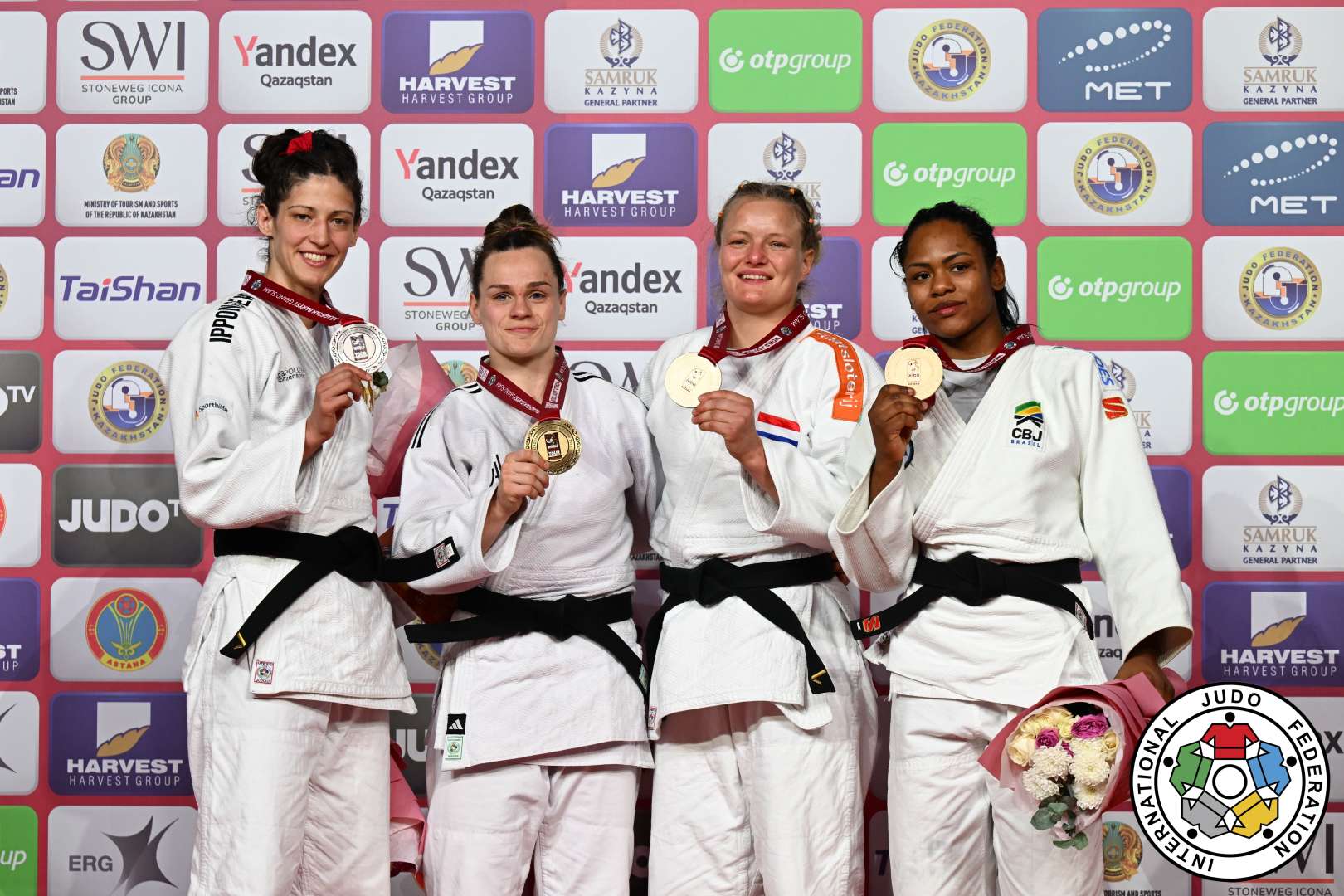 -70kg Medalists. From left, BUTKEREIT, Miriam, EME, Clemence, VAN DIJKE, Sanne, SILVA, Nauana.