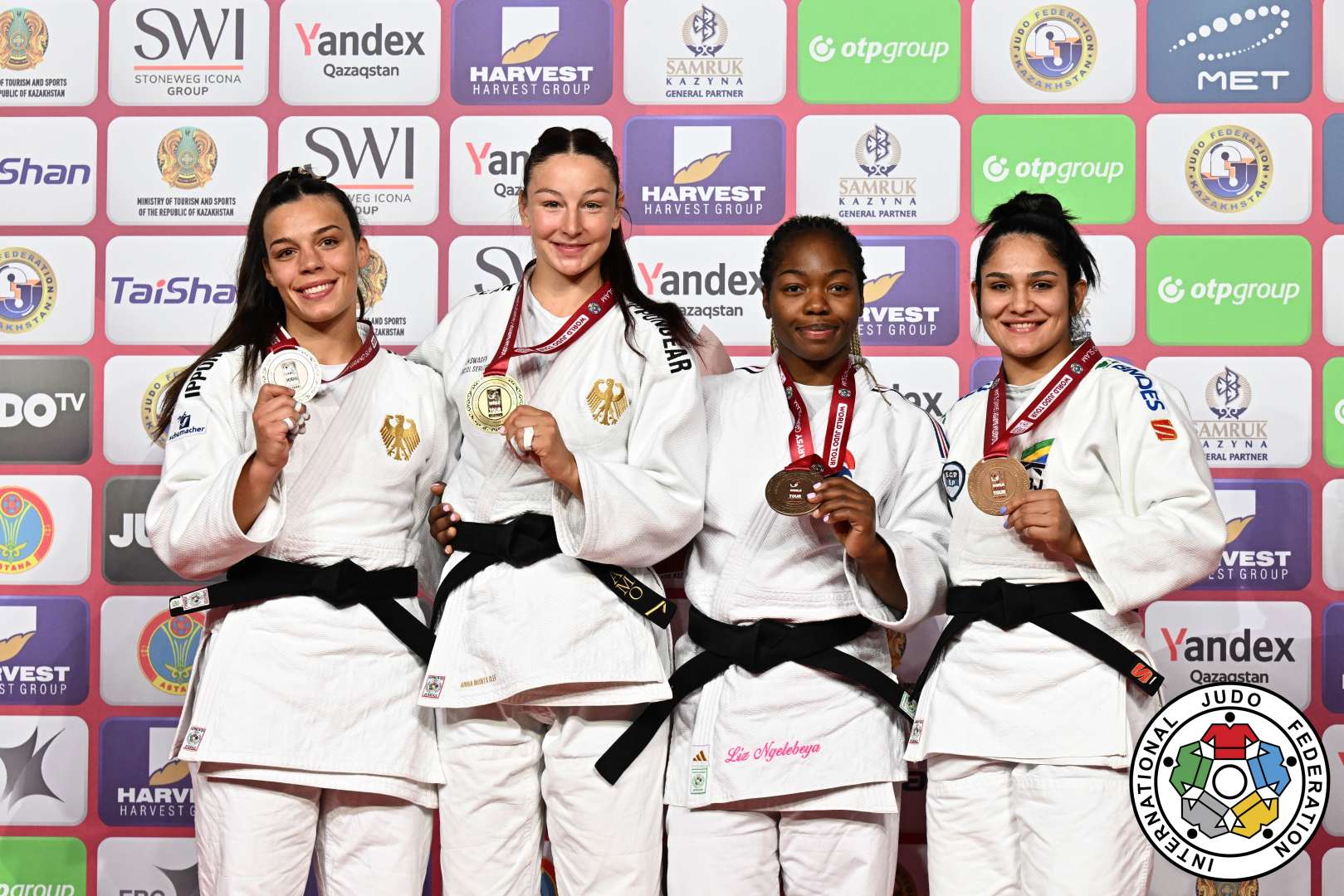 -78kg Medalists. From left, BOEHM, Alina, OLEK, Anna Monta, NGELEBEYA, Liz, FREITAS, Beatriz.