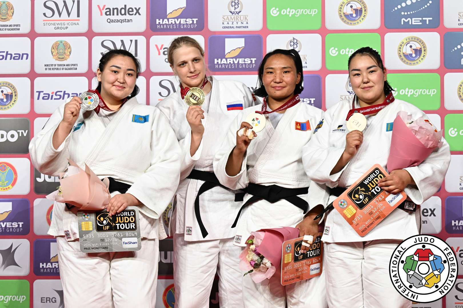 +78kg Medalists. From left, BERLIKASH, Kamila, STARTSEVA, Elis, AMARSAIKHAN, Adiyasuren, TOISHIBEKOVA, Aida.