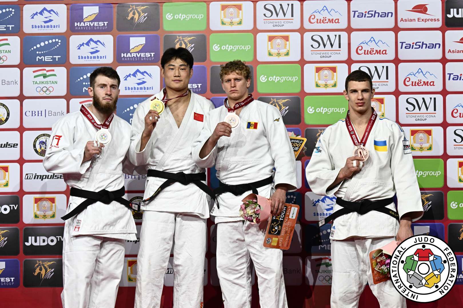-100kg Medalists. From left, SANGARIEV, Adam, HUANG, Fuchun, YERSHOV, Oleksii, GHIMBOVSCHI, Vadim.