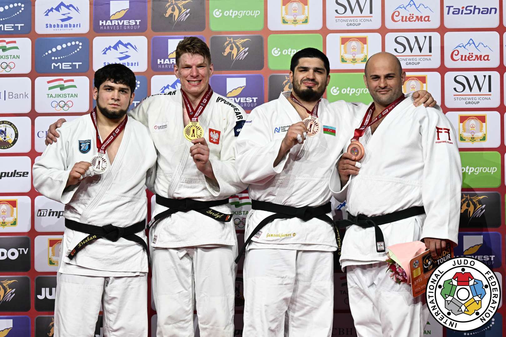 +100kg Medalists. From left, KATAMARDOV, Bislan, SORDYL, Jakub, GAMZATKHANOV, Dzhamal, KOKAURI, Ushangi.
