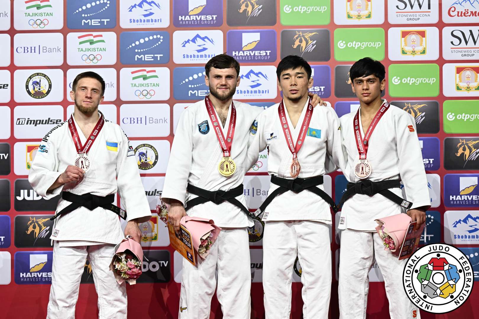 -60kg Medalists. From left, LESIUK, Artem, BLIEV, Ayub, ALZHAN, Nuradil, KUDBUDINOV, Loiq.