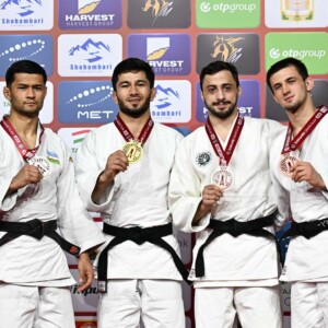 -66kg Medalists. From left, ORTIKOV, Azizbek, EMOMALI, Nurali, ABULADZE, Iago, KOBETS, German.