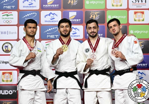 -66kg Medalists. From left, ORTIKOV, Azizbek, EMOMALI, Nurali, ABULADZE, Iago, KOBETS, German.