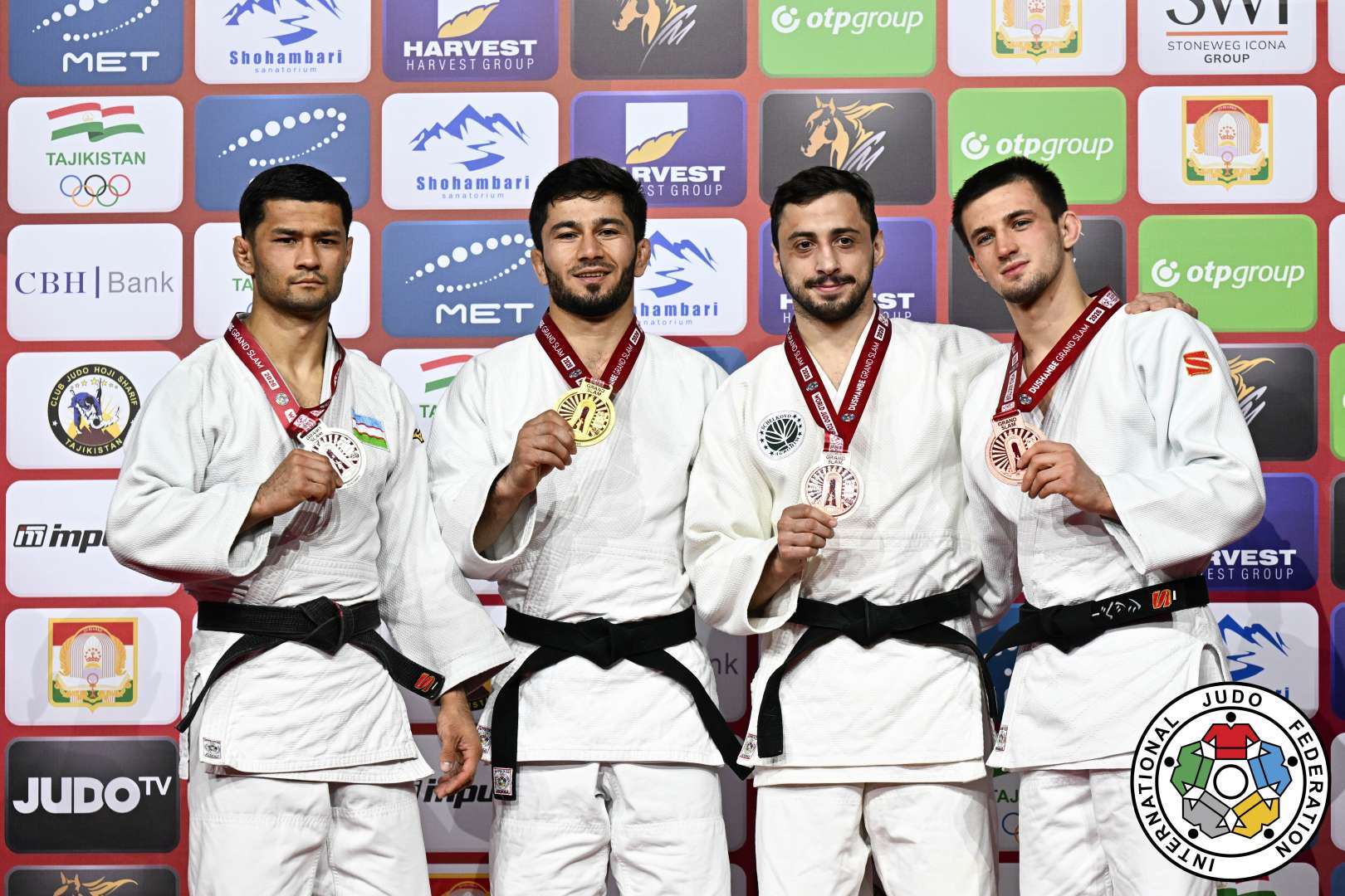 -66kg Medalists. From left, ORTIKOV, Azizbek, EMOMALI, Nurali, ABULADZE, Iago, KOBETS, German.
