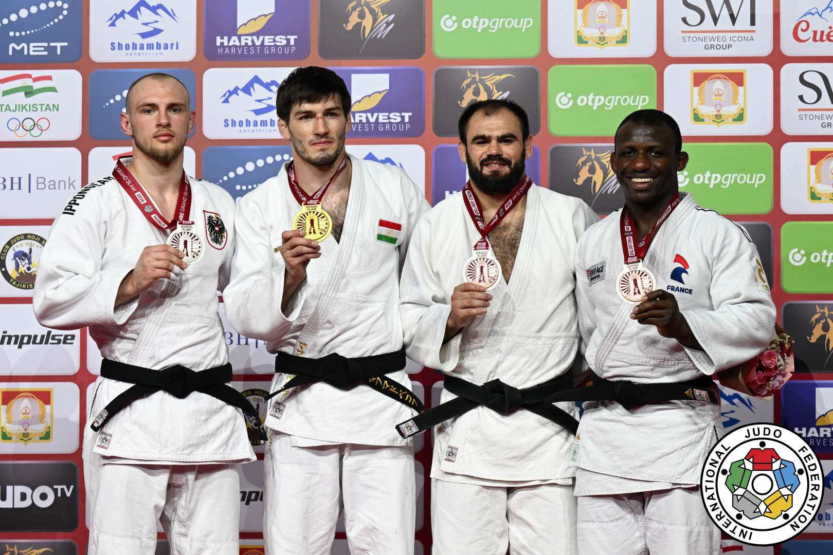 -81kg Medalists. From left, FASCHING, Bernd, MAKHMADBEKOV, Somon, STERPU, Victor, DJALO, Alpha Oumar.