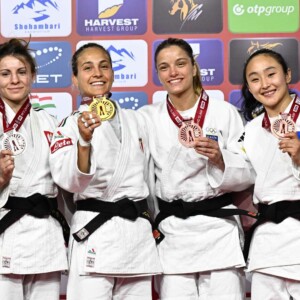 -52kg Medalists. From left, KALETA, Aleksandra, GIUFFRIDA, Odette, PERNA, Kenya, MYAGMARSUREN, Nandin-Erdene.