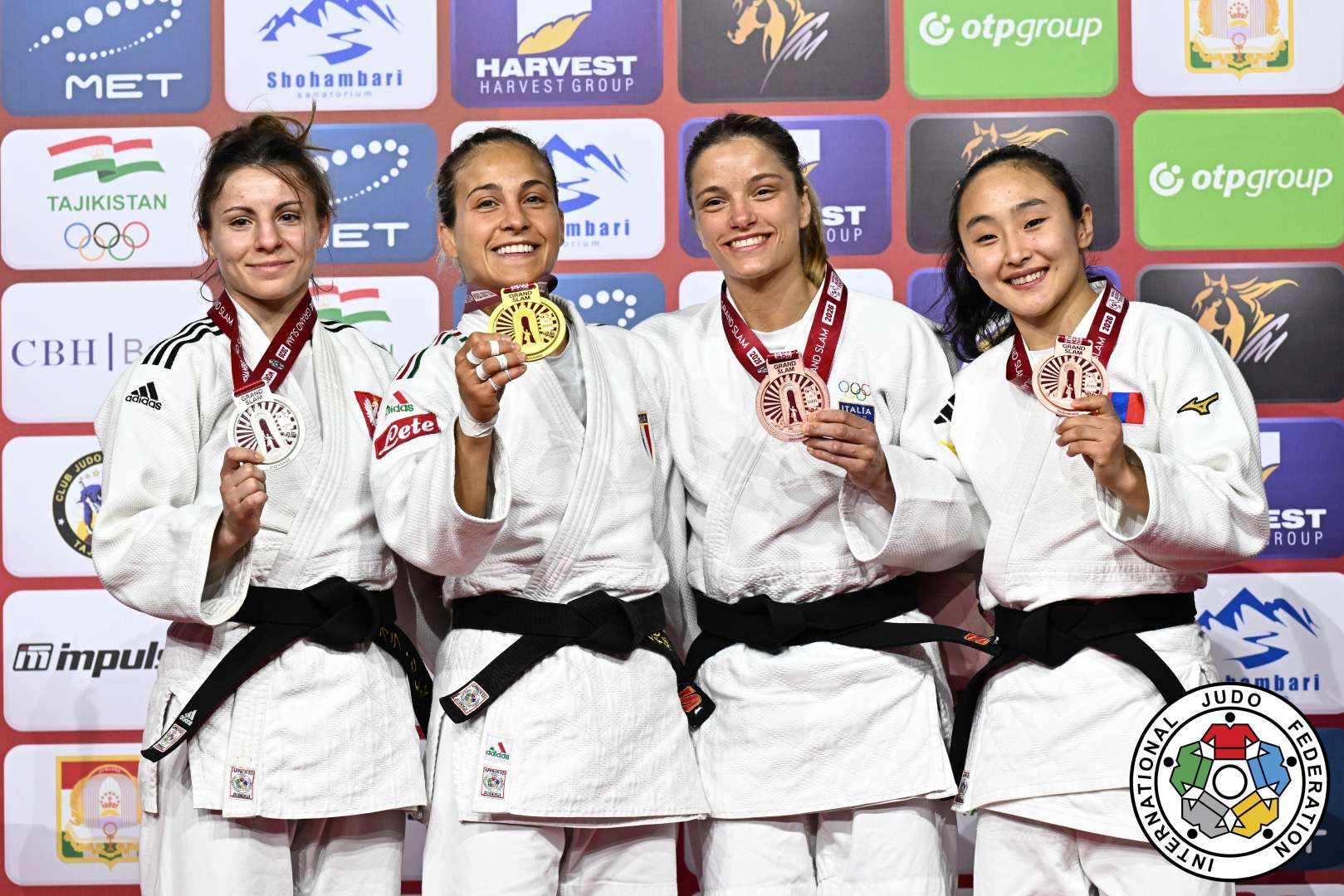 -52kg Medalists. From left, KALETA, Aleksandra, GIUFFRIDA, Odette, PERNA, Kenya, MYAGMARSUREN, Nandin-Erdene.