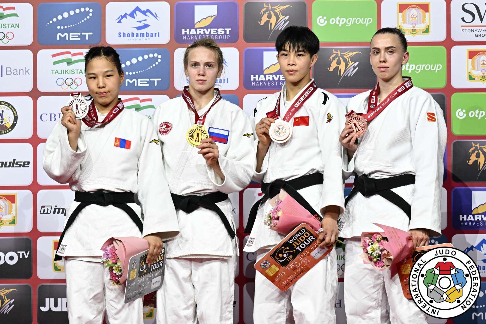 -57kg Medalists. From left, TERBISH, Ariunzaya, MUKHINA, Olga, TAO, Yuying, ELKINA, Natalia.