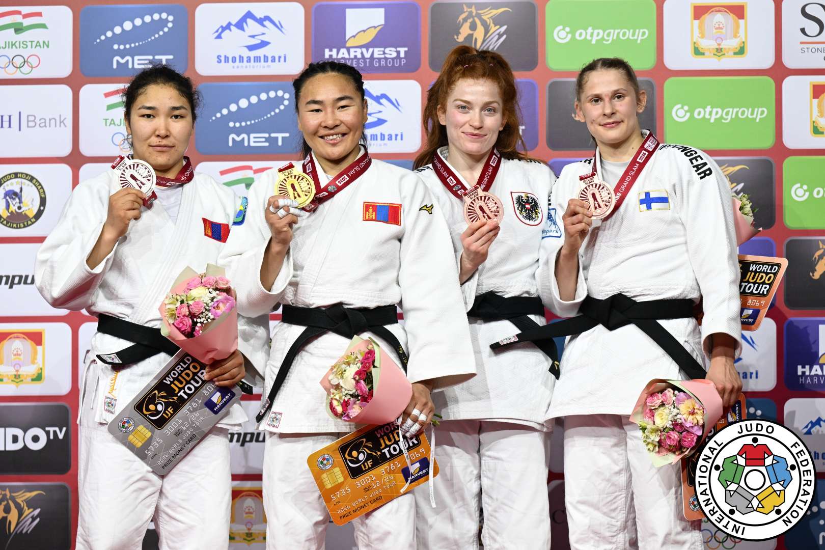 -63kg Medalists. From left, LKHAGVATOGOO, Enkhriilen, BOLD, Gankhaich, PIOVESANA, Lubjana, SEIKKULA, Louna-Lumia.