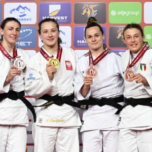-70kg Medalists. From left, POLLERES, Michaela, KOWALEWSKA, Aleksandra, EME, Clemence, PEDROTTI, Irene.
