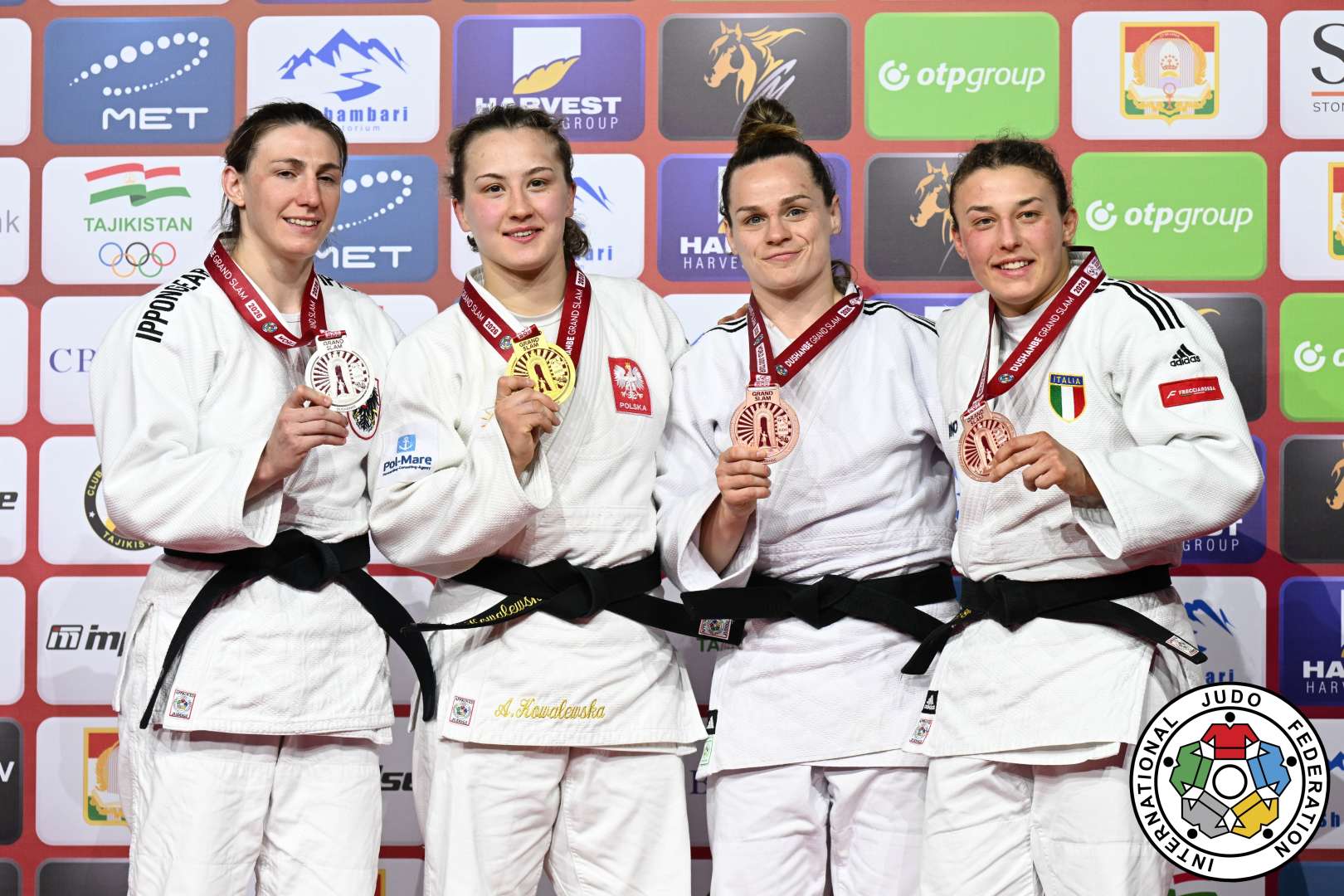 -70kg Medalists. From left, POLLERES, Michaela, KOWALEWSKA, Aleksandra, EME, Clemence, PEDROTTI, Irene.