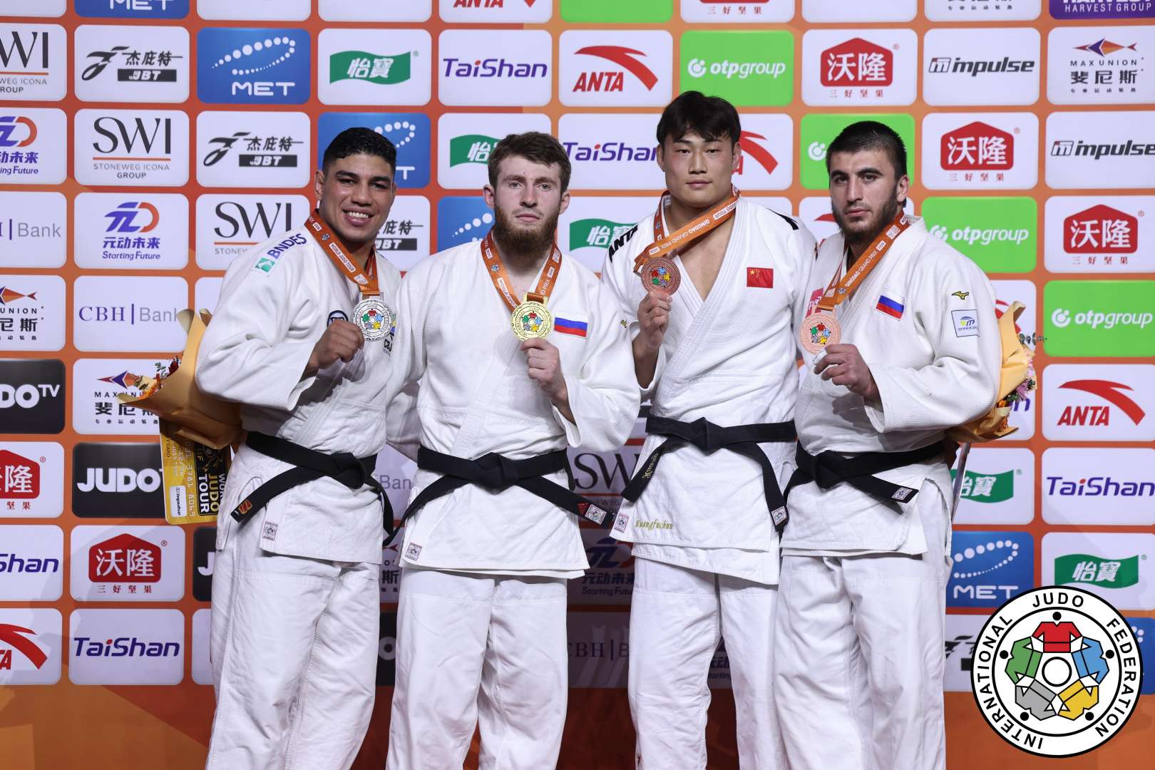 -100kg Medalists. From left, FERREIRA, Giovani, SANGARIEV, Adam, HUANG, Fuchun, BIFOV, Idar.