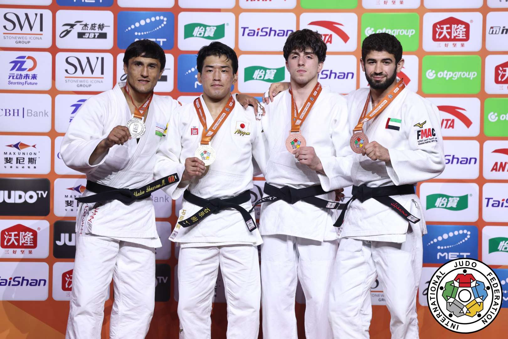 -73kg Medalists. From left, AHADOV, Shakhram, ISHIHARA, Tatsuki, SKERLEV, Victor, MAKHMADBEKOV, Makhmadbek.