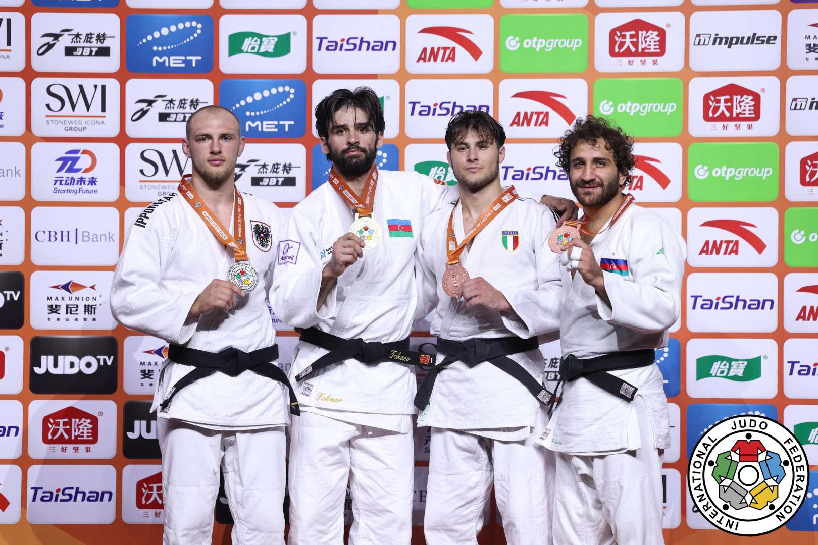 -81kg Medalists. From left, FASCHING, Bernd, TCKAEV, Zelim, PARLATI, Manuel, HEYDAROV, Hidayat.