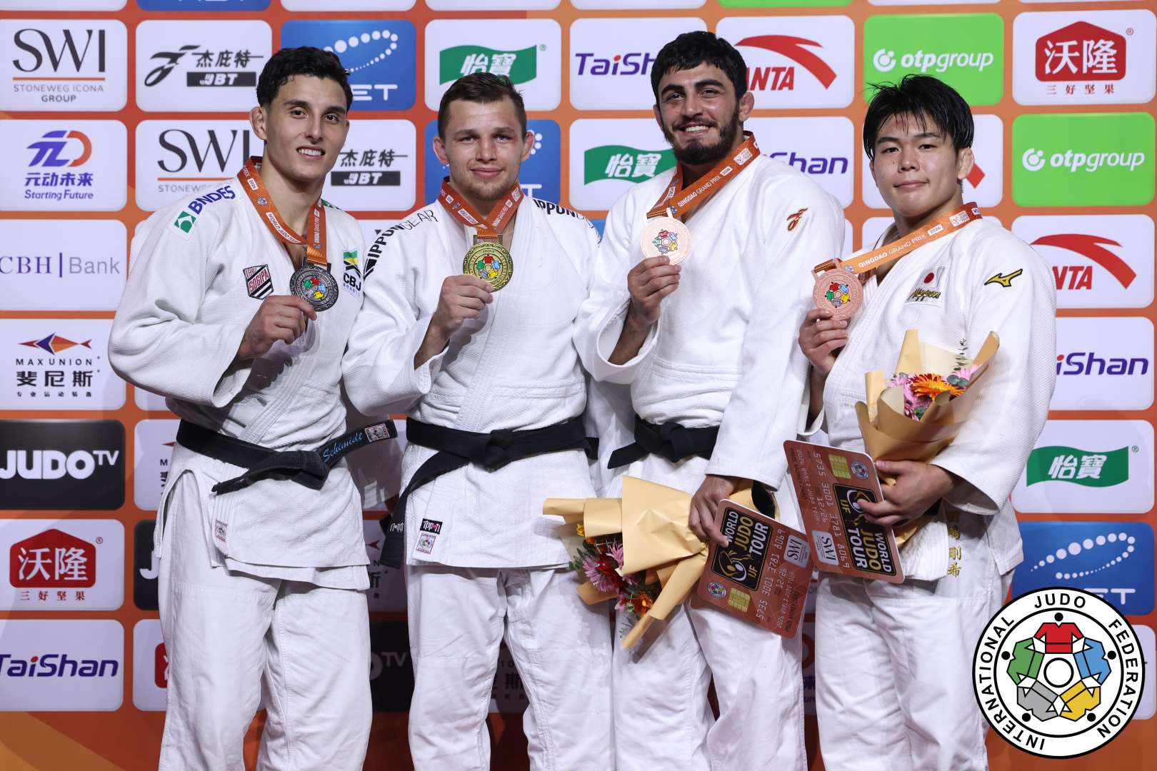 -90kg Medalists. From left, SCHIMIDT, Guilherme, VARAPAYEU, Yahor, FATIYEV, Murad, TAJIMA, GOKI.