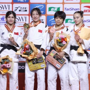 -48kg Medalists. From left, BEDER, Tugce, ZHUANG, Wenna, HUI, Xinran, DUDINA, Kristina.