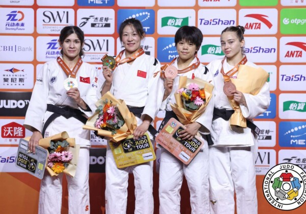 -48kg Medalists. From left, BEDER, Tugce, ZHUANG, Wenna, HUI, Xinran, DUDINA, Kristina.