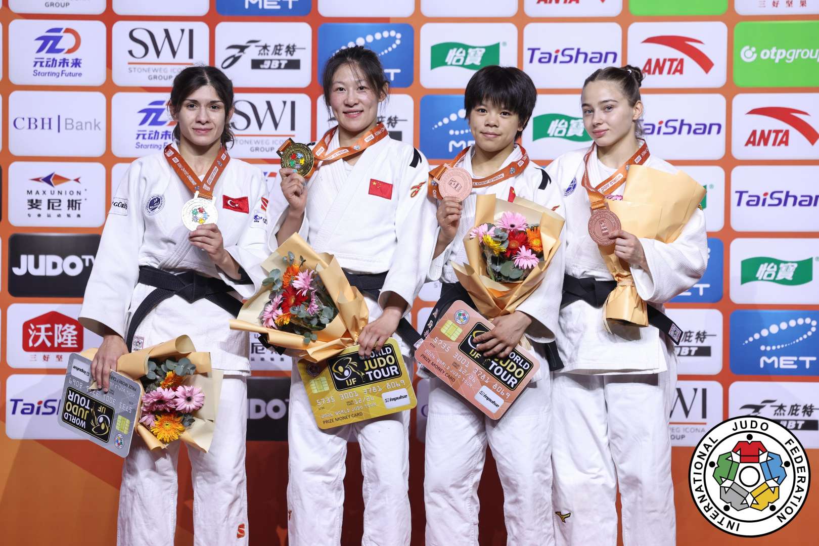 -48kg Medalists. From left, BEDER, Tugce, ZHUANG, Wenna, HUI, Xinran, DUDINA, Kristina.