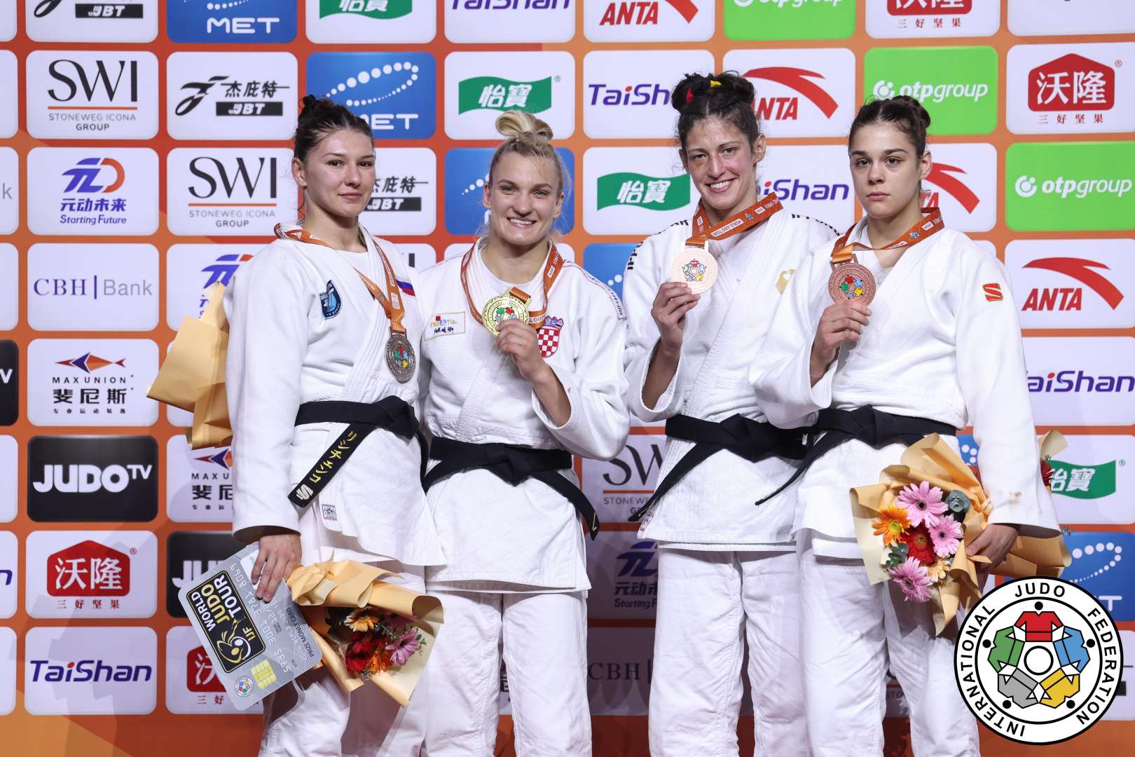 -70kg Medalists. From left, LISHCHENKO, Tamara, CVJETKO, Lara, BUTKEREIT, Miriam, ANDRIC, Aleksandra.