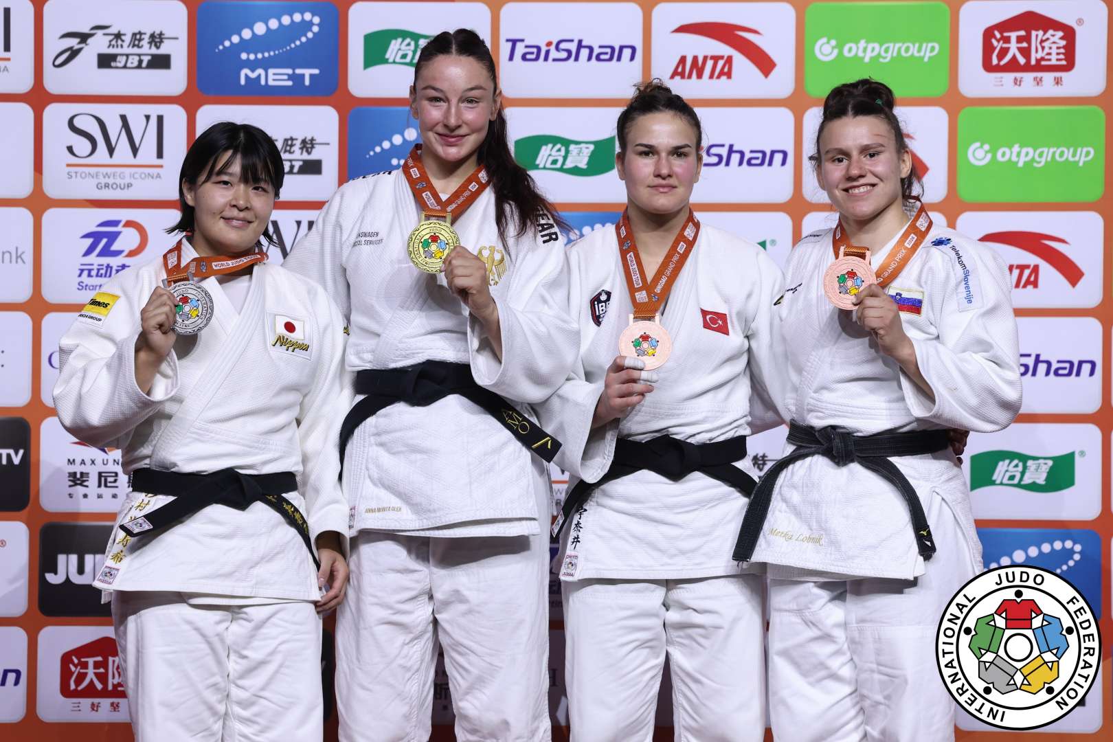 -78kg Medalists. From left, SUGIMURA, Mizuki, OLEK, Anna Monta, GULENAY, Tuana, LOBNIK, Metka.