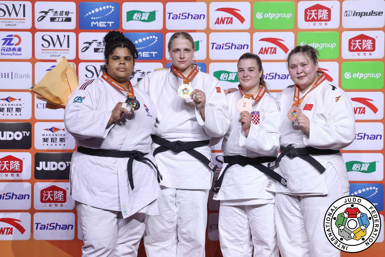 +78kg Medalists. From left, FONTAINE, Lea, STARTSEVA, Elis, VUKOVIC, Helena, AYIMAN, Jinesinuer.