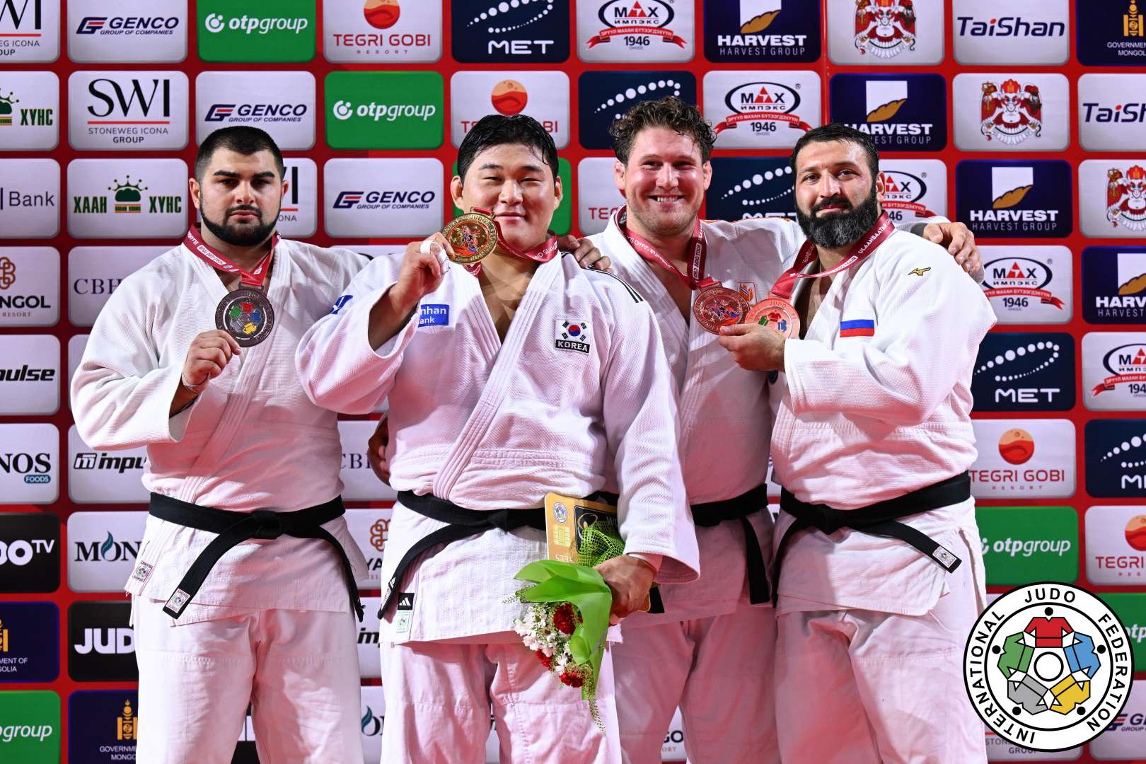 +100kg Medalists. From left, DEMETRASHVILI, Irakli, KIM, Minjong, SPIJKERS, Jur, TASOEV, Inal.