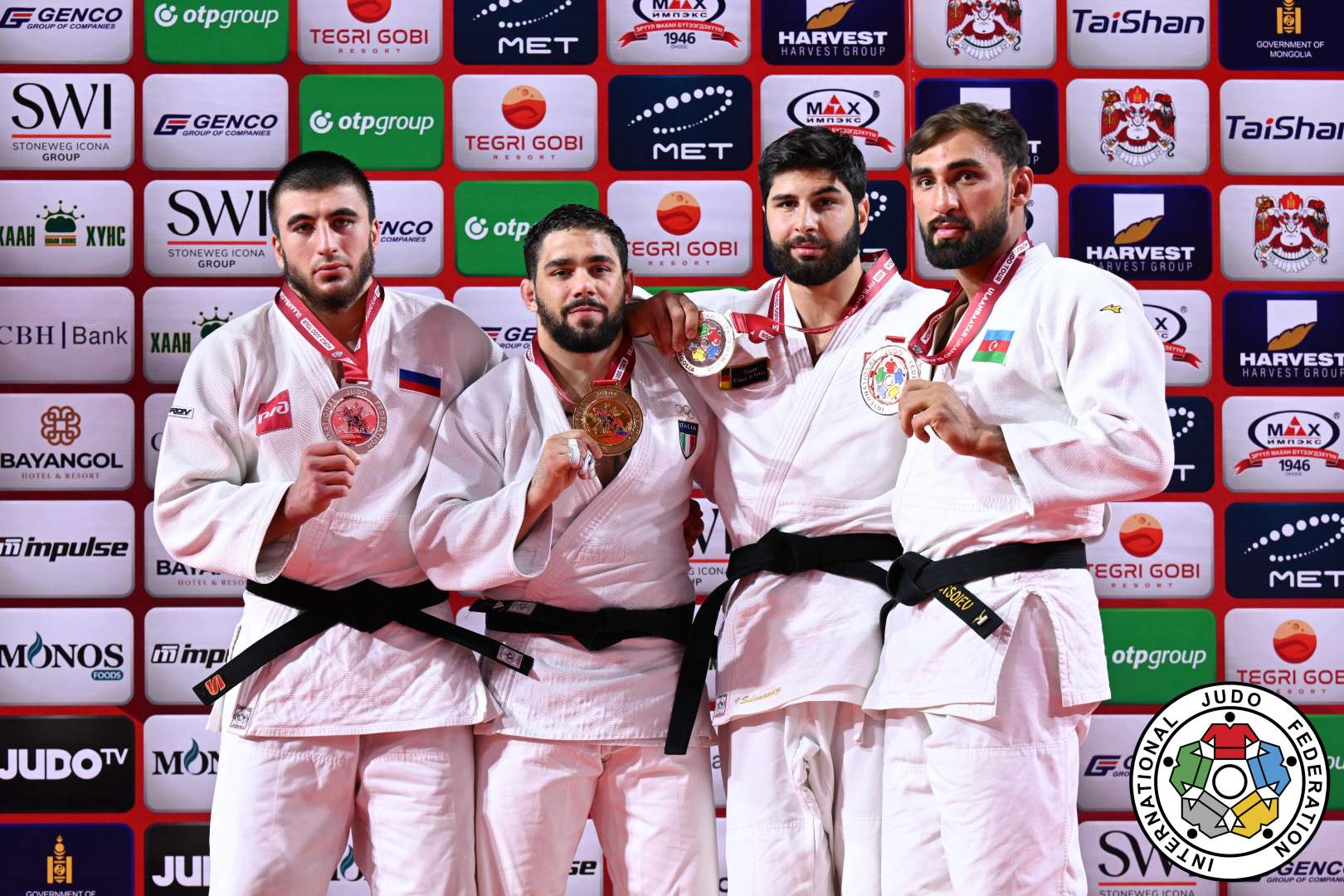 -100kg Medalists. From left, BIFOV, Idar, PIRELLI, Gennaro, SULAMANIDZE, Ilia, KOTSOIEV, Zelym.