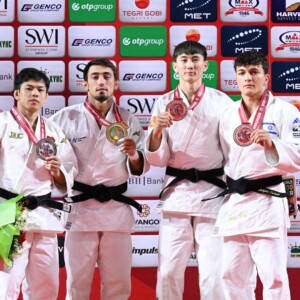 -60kg Medalists. From left, NAGAYAMA, Ryuju, AGHAYEV, Balabay, BYAMBASUREN, Sukhbat, ASHPIZ, Izhak.