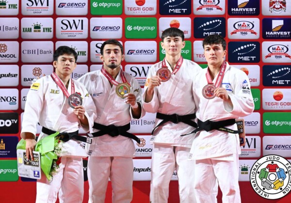 -60kg Medalists. From left, NAGAYAMA, Ryuju, AGHAYEV, Balabay, BYAMBASUREN, Sukhbat, ASHPIZ, Izhak.