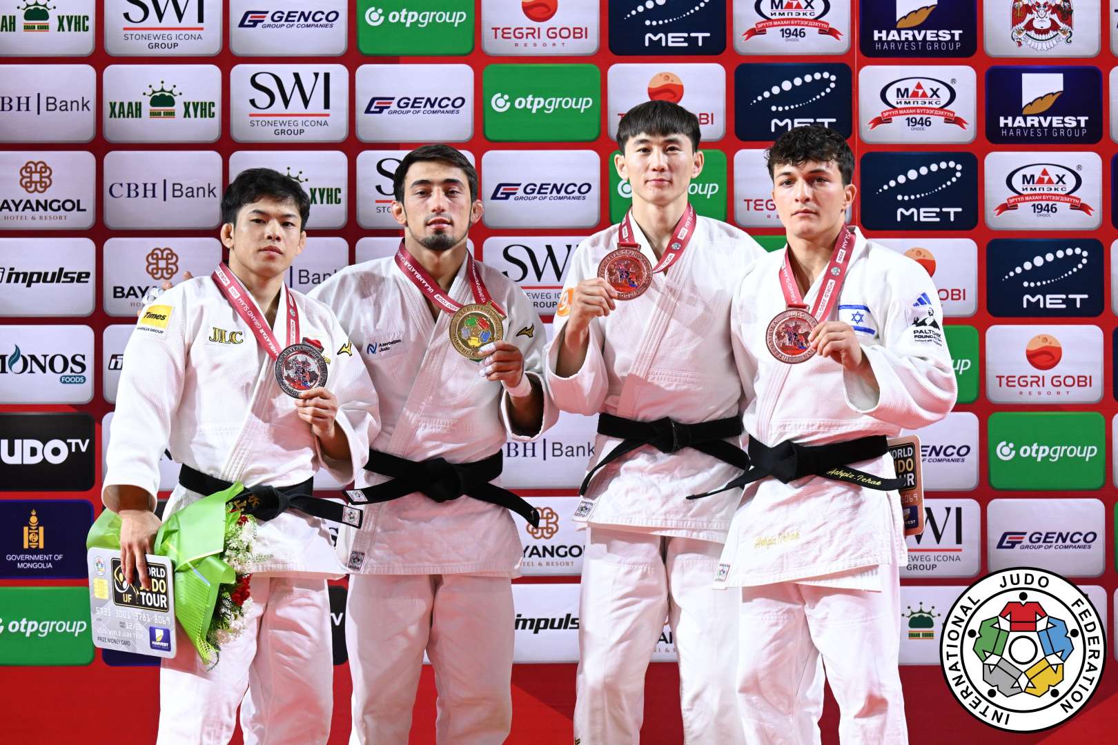 -60kg Medalists. From left, NAGAYAMA, Ryuju, AGHAYEV, Balabay, BYAMBASUREN, Sukhbat, ASHPIZ, Izhak.
