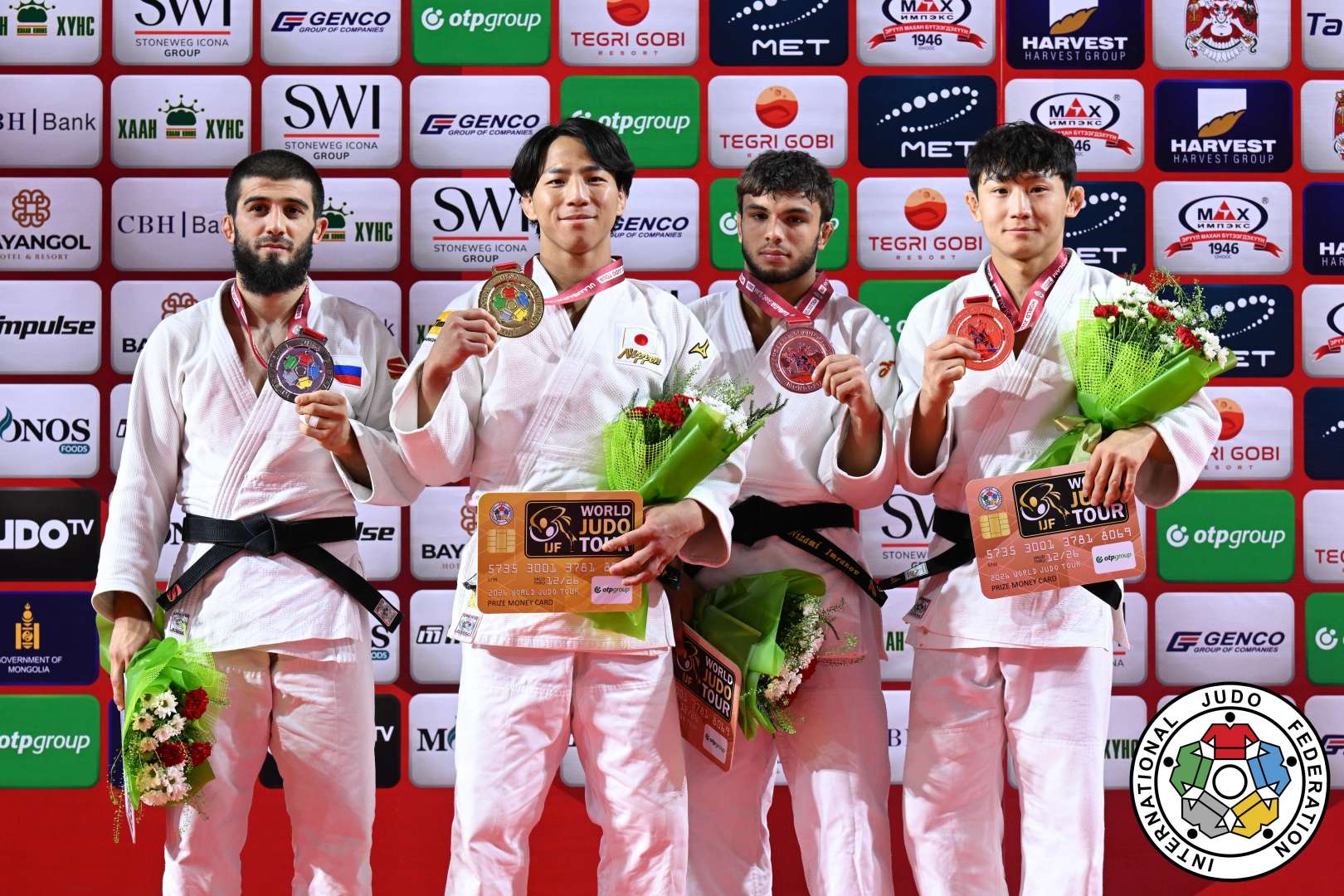 -66kg Medalists. From left, ABDULAEV, Ramazan, TAKEOKA, Takeshi, IMRANOV, Nizami, KIM, Channyeong.