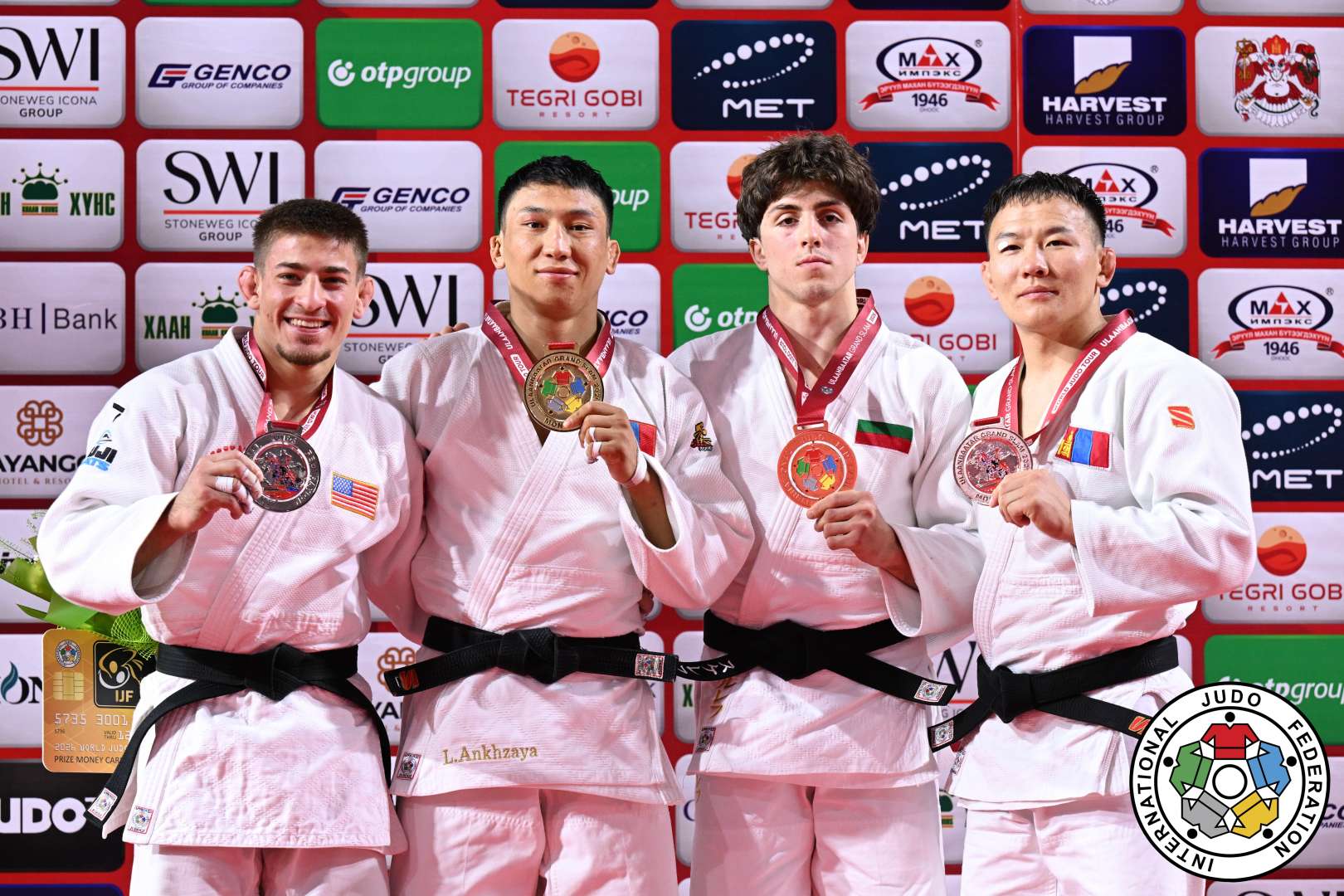 -73kg Medalists. From left, YONEZUKA, Jack, LAVJARGAL, Ankhzaya, SKERLEV, Victor, ODGEREL, Uranbayar.