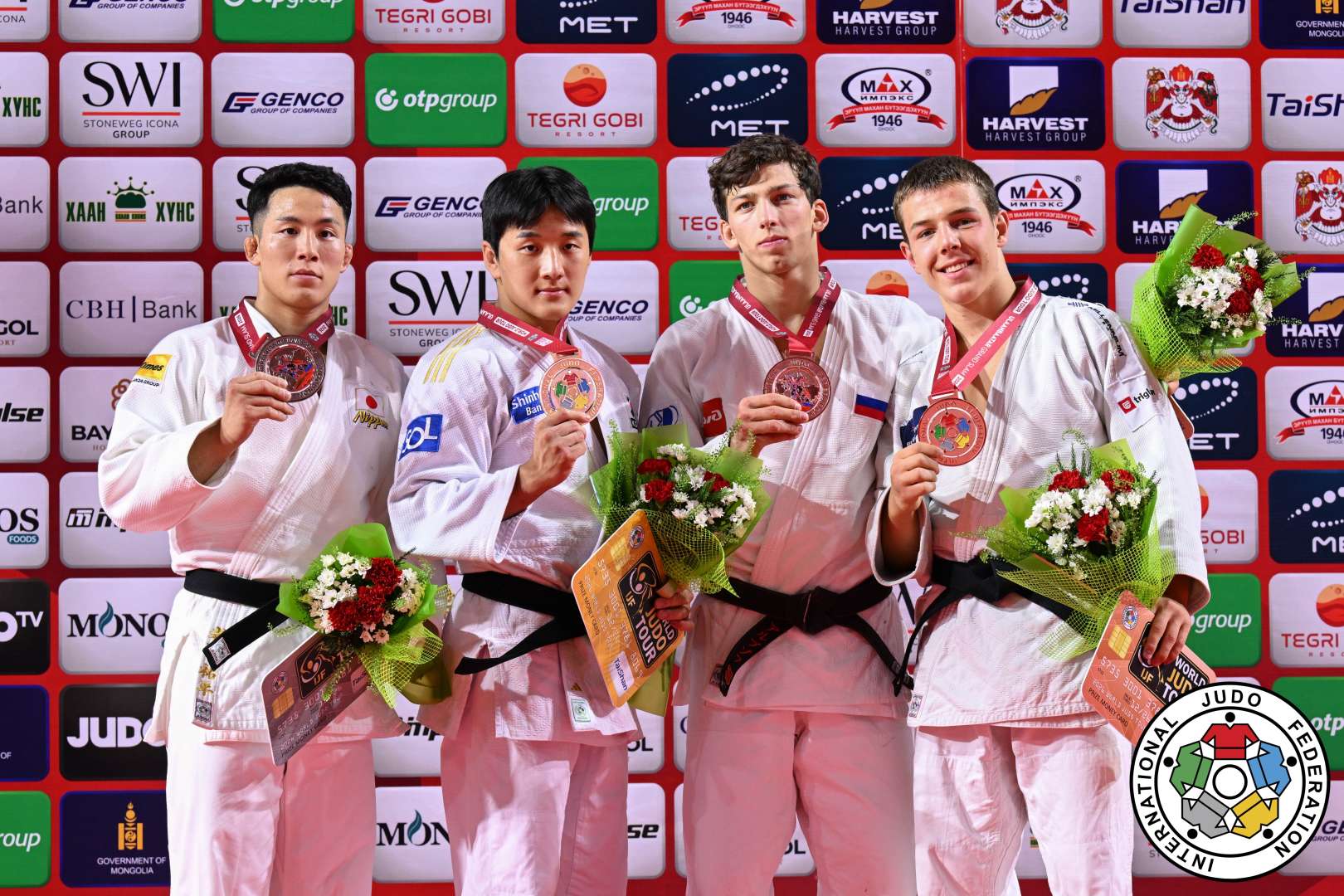 -81kg Medalists. From left, OINO, Yuhei, LEE, Joonhwan, ARBUZOV, Timur, SIMIN, Mihajlo.