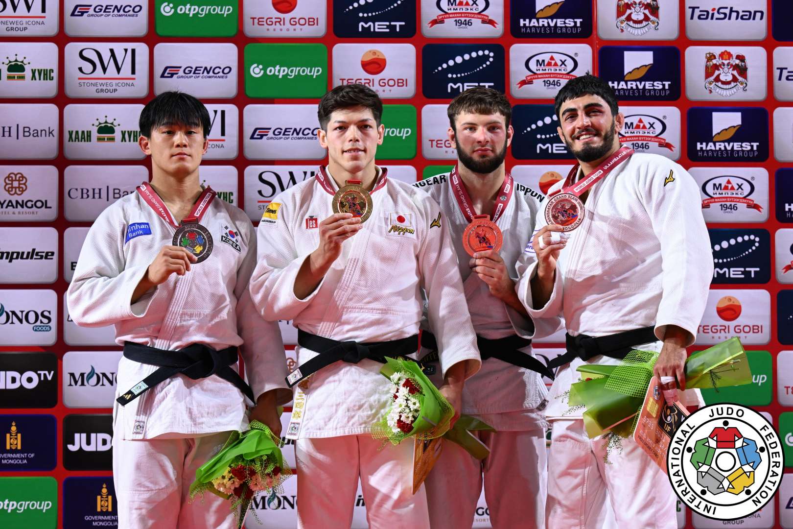 -90kg Medalists. From left, KIM, Jonghoon, MURAO, Sanshiro, RUTOVIC, Boris, FATIYEV, Murad.