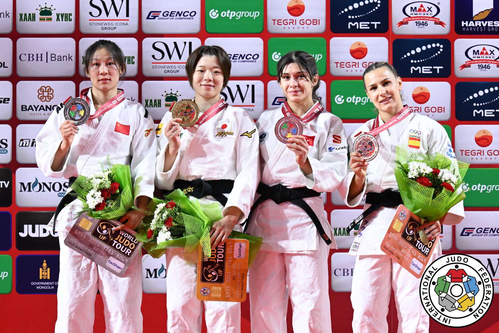 -48kg Medalists. From left, ZHUANG, Wenna, KOGA, Wakana, BEDER, Tugce, MARTINEZ ABELENDA, Laura.