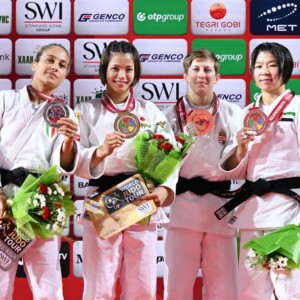 -52kg Medalists. From left, GIUFFRIDA, Odette, ABE, Uta, PUPP, Reka, BISHRELT, Khorloodoi.