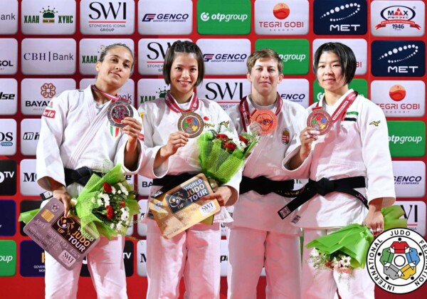 -52kg Medalists. From left, GIUFFRIDA, Odette, ABE, Uta, PUPP, Reka, BISHRELT, Khorloodoi.