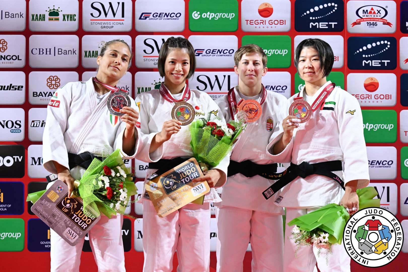 -52kg Medalists. From left, GIUFFRIDA, Odette, ABE, Uta, PUPP, Reka, BISHRELT, Khorloodoi.