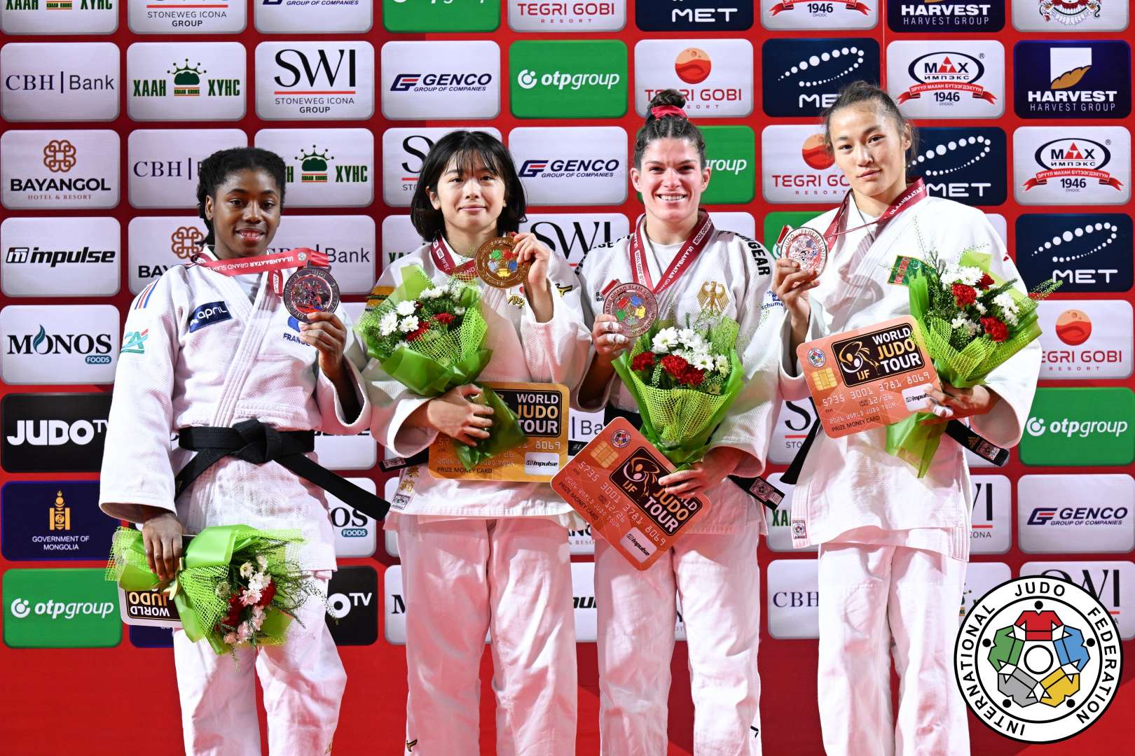 -57kg Medalists. From left, CYSIQUE, Sarah Leonie, OMORI, Akari, BALLHAUS, Seija, PARDAYEVA, Maysa.