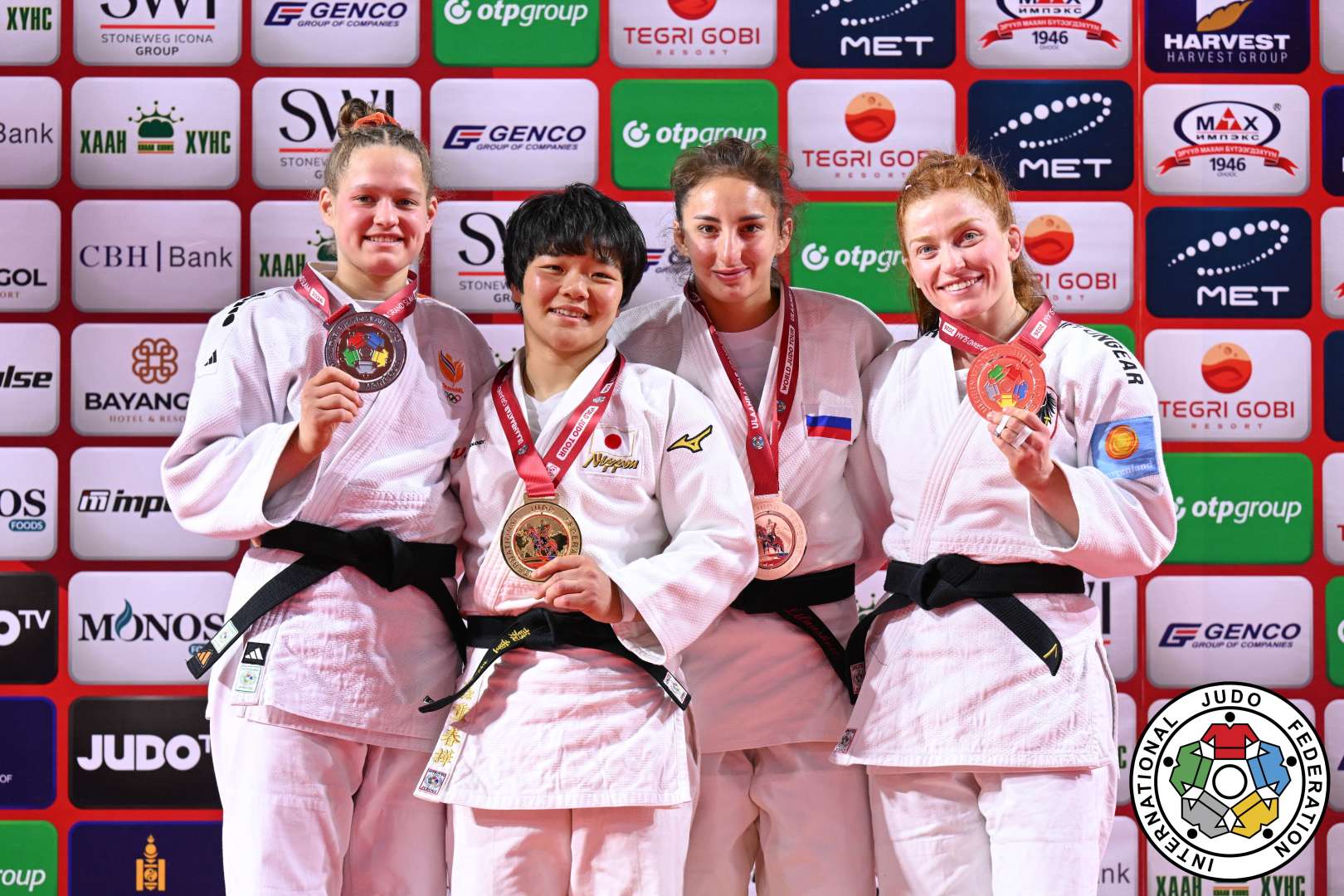 -63kg Medalists. From left, VAN LIESHOUT, Joanne, KAJU, Haruka, LILUASHVILI, Dali, PIOVESANA, Lubjana.