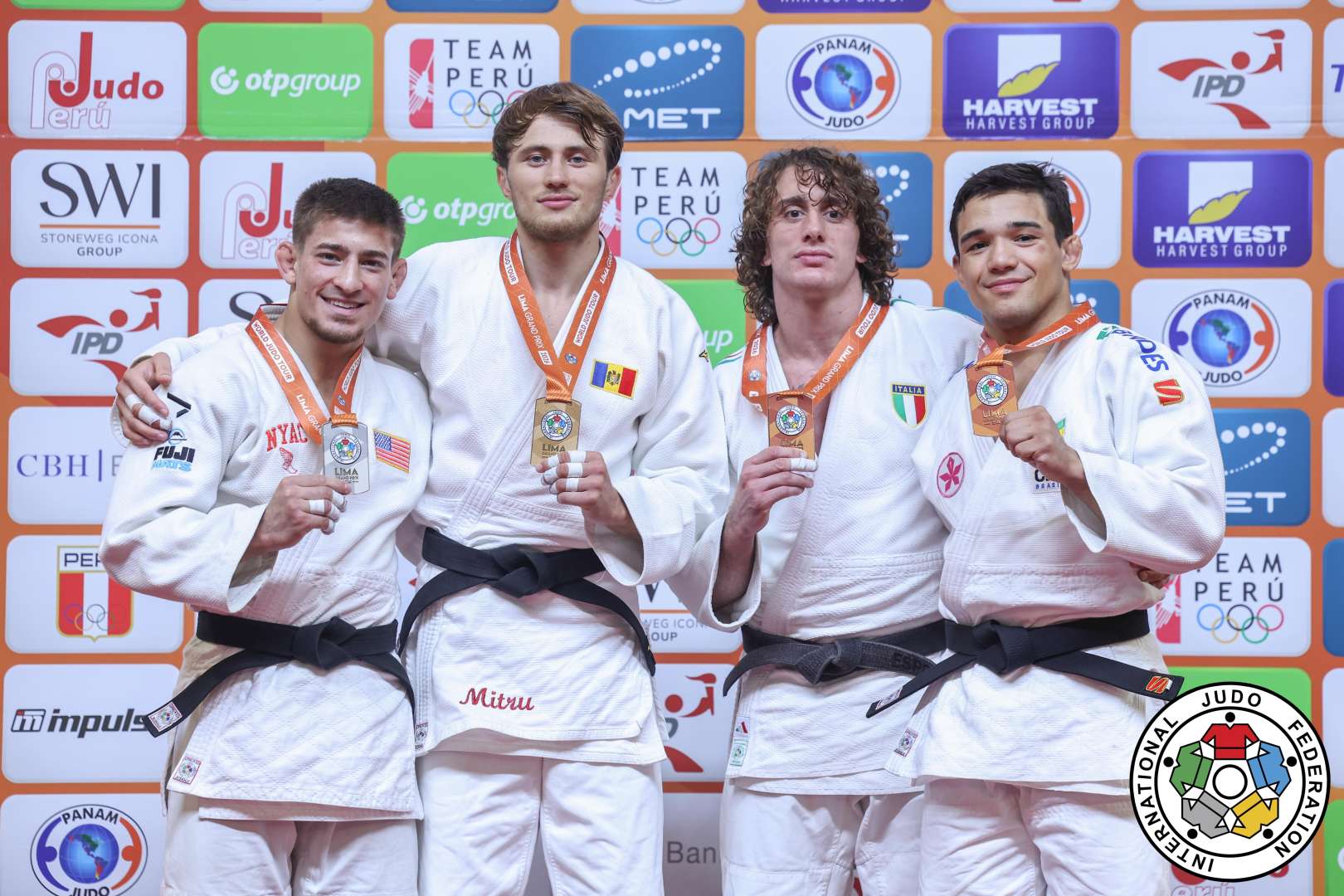 -73kg Medalists. From left, YONEZUKA, Jack, MITRU, Vlad, ESPOSITO, Giovanni, DE OLIVEIRA, Guilherme.