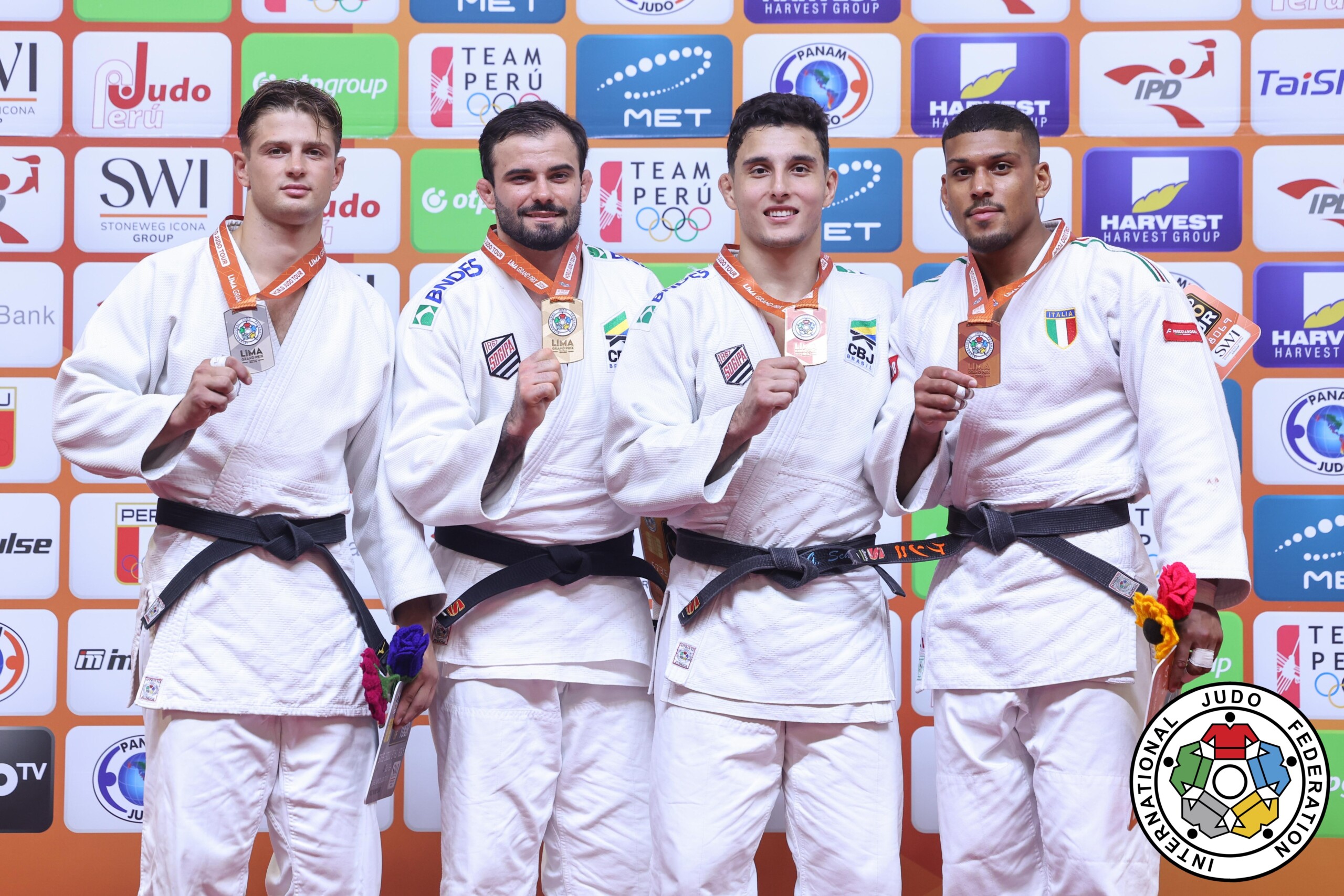 90kg Medalists. From left, LATISEV, Mihail, MACEDO, Rafael, SCHIMIDT, Guilherme, BEDEL, Kenny Komi.