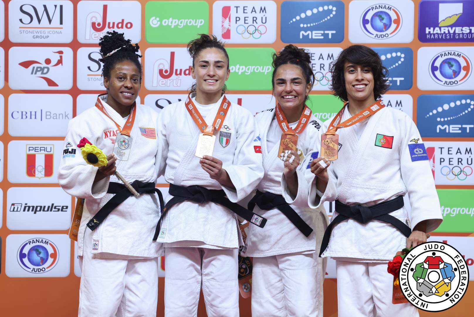 -48kg Medalists. From left, LABORDE, Maria Celia, SCUTTO, Assunta,  ISCHT, Sarah, COSTA, Catarina.