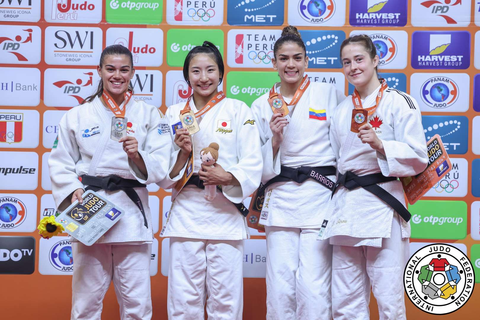 -63kg Medalists. From left, VAZQUEZ FERNANDEZ, Laura, WATANABE, Seiko, BARRIOS, Anriquelis, BIRON, Laurence.