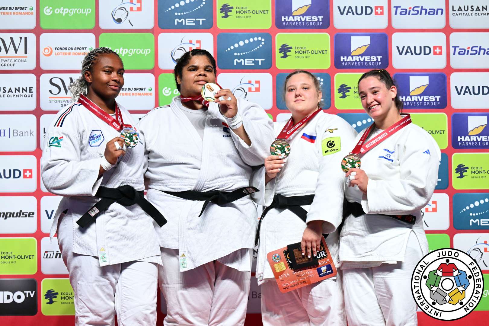 +78kg Medalists. From left, DICKO, Romane, FONTAINE, Lea, IVANOVA, Mariia, MISHINER, Yuli Alma.