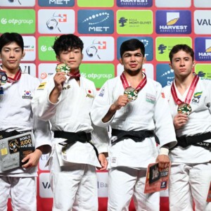 -60kg Medalists. From left, LEE, Harim, FUKUDA, Yamato, KUCHKAROV, Samariddin, AUGUSTO, Michel.
